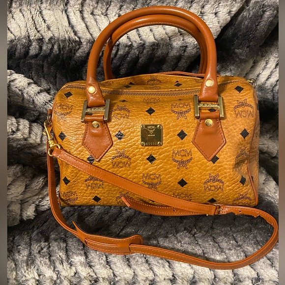 MCM Cognac Monogram Visetos Boston Bag with Crossbody Strap - Picture 1 of 16